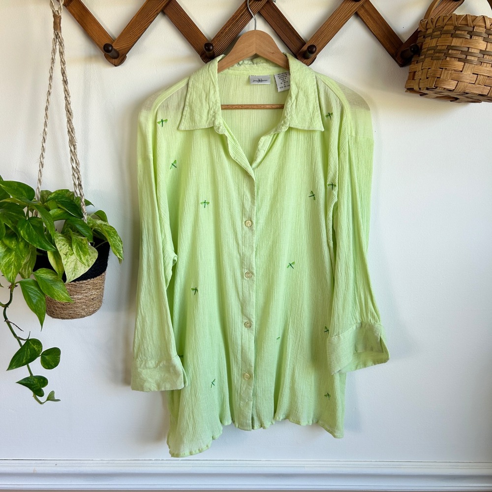 Vintage Jenny Buchanan Lime Green Cotton Dragonfly Embroidered Shirt Large